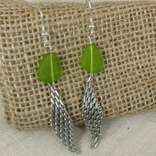 Drop Earrings for Wedding Ceremony -Olive Green Sea Glass & Silver Mesh Drop Earrings