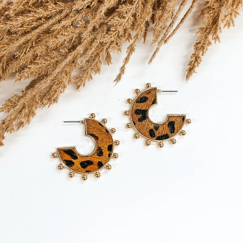 Drop Earrings with Polished Shine -Flat Hoops with a Brown Animal Print