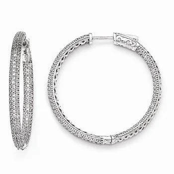 Heavy Duty Drop Earrings for Durability -Sterling Silver Rhodium-plated CZ In and Out Hinged Hoop Earrings