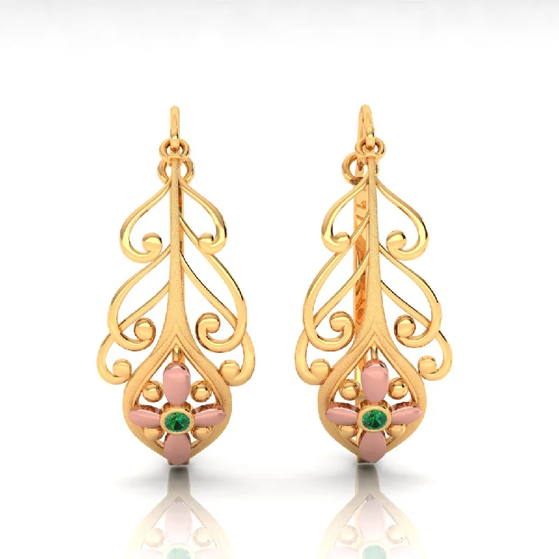 Geometric Drop Earrings for Trend -14k Dainty Earrings With Unique Design And Yellow Gold Floral Motif