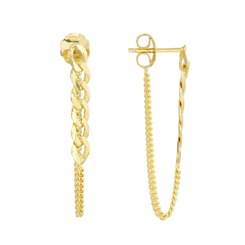 Gold Drop Earrings for Women -50/50 Curb Chain Front-to-Back Earrings