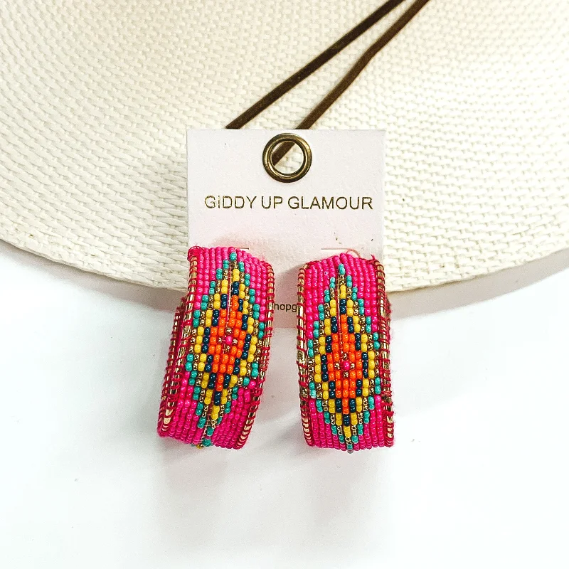 Lead Free Drop Earrings for Health -Aztec Pattern Beaded Hoop Earrings in Hot Pink