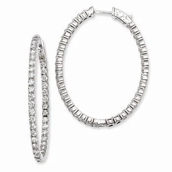 Drop Earrings with Floral Motifs -Sterling Silver Rhodium-plated CZ Hinged Oval Hoop Earrings