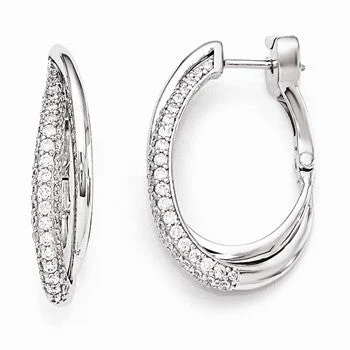 Heavy Duty Drop Earrings for Durability -Sterling Silver Rhodium Plated Polished CZ Hinged Oval Double Hoop Dangle E