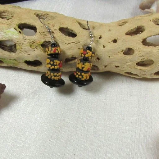 Round Drop Earrings for Classic -Black & Gold African Trade Bead Drop Earrings