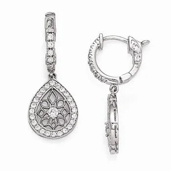 Pearl Drop Earrings for Elegance -Sterling Silver Rhodium Plated CZ Hinged Hoop Dangle Teardrop Snowflake Ear