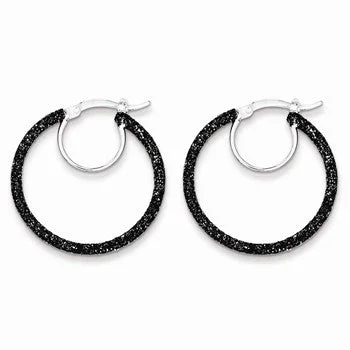 Drop Earrings for Gym Workout -Sterling Silver Rhodium and Black Glitter Enamel Glitter Hoop Earrings