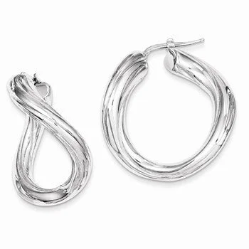 Nickel Free Drop Earrings for Safety -Sterling Silver Polished Rhodium Plated Twisted Hollow Hoop Earrings