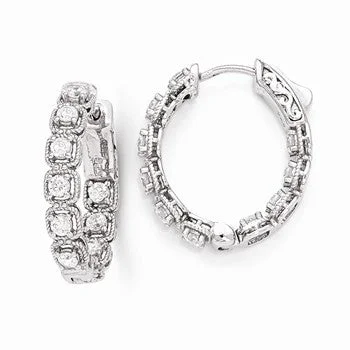 Round Drop Earrings for Classic -Sterling Silver Rhodium Plated CZ In and Out Oval Hoop Earrings