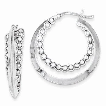 Waterproof Drop Earrings for Outdoor -Sterling Silver Rhodium Plated Intertwining Beaded Hoop Earring