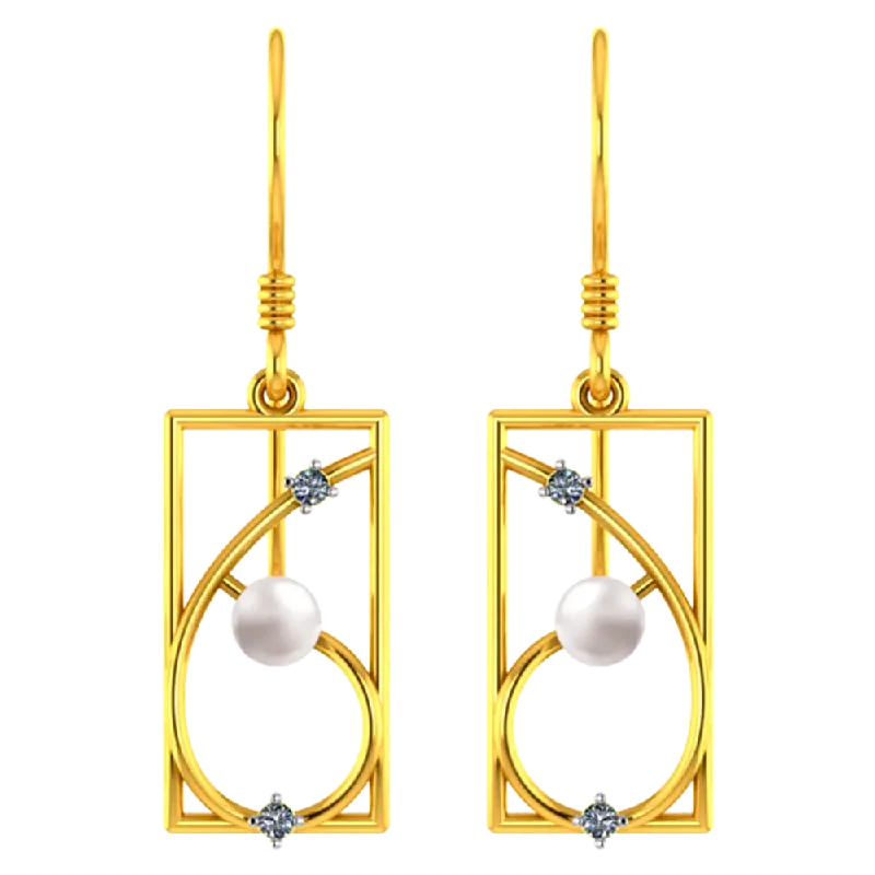 Clip On Drop Earrings for Non Pierced -14k Rectangular Gold Earrings With Unique Design And A Pearl