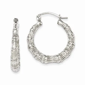 Drop Earrings for School Uniform -Sterling Silver Rhodium-plated Bamboo Hoop Earrings