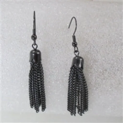 Clip On Drop Earrings for Non Pierced -Gunmetal Chain Tassel Drop Earrings