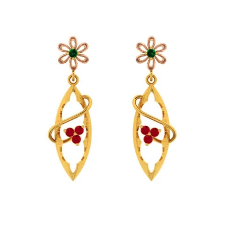 Drop Earrings with Etched Designs -22k Gold Earrings With Green And Red Stones Embedded Into Feminine Design