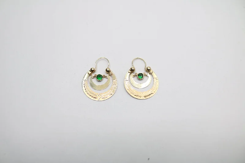 Screw Back Drop Earrings for Security -14K Yellow Gold Fancy Earrings with Green Stone (5.7 Grams)