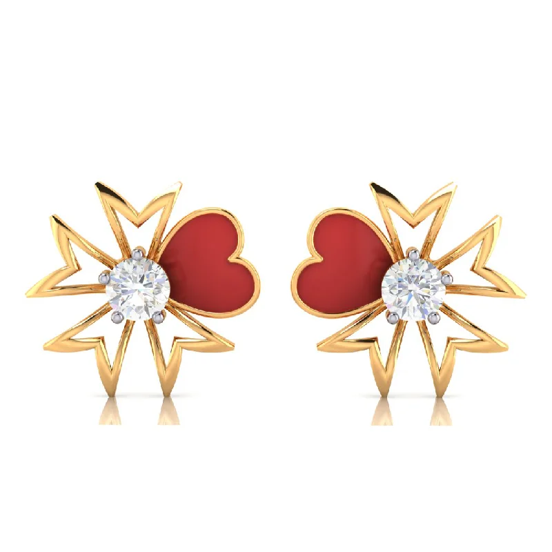 Tarnish Resistant Drop Earrings for Longevity -14k Red Heart Floral Design Gold Earrings With American Diamond