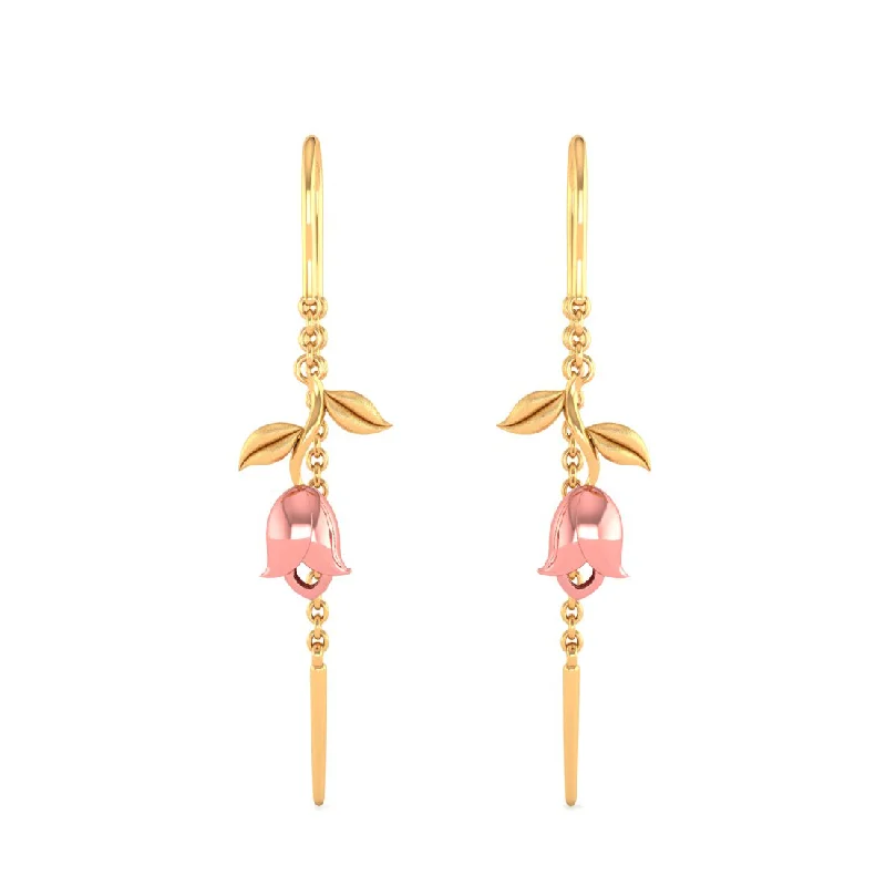 Drop Earrings for Work Attire -14k Pink Yellow With Leaves Single Chain Gold Earrings