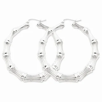 Drop Earrings for Concert Look -Sterling Silver Rhodium-plated Bamboo Hoop Earrings