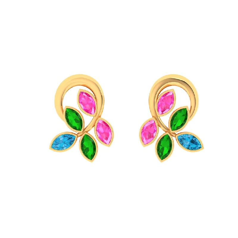 Drop Earrings for Valentine's Day -14k Uniquely Shaped Leafy Gold Stud Earrings With Multi-coloured Stones