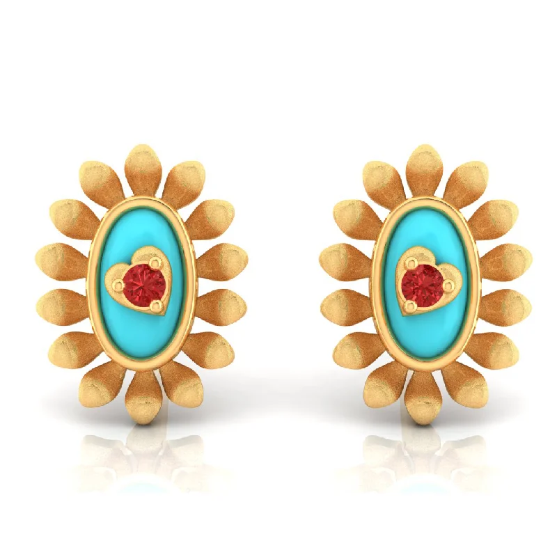 Drop Earrings for Anniversary -14k Sunflower Designed Gold Earrings With A Heart In The Center