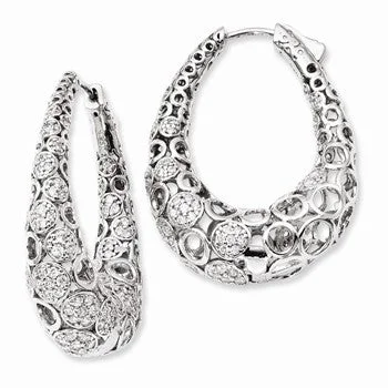 Drop Earrings for Formal Attire -Sterling Silver Rhodium-plated Accent Pave CZ Oval Hoop Earrings