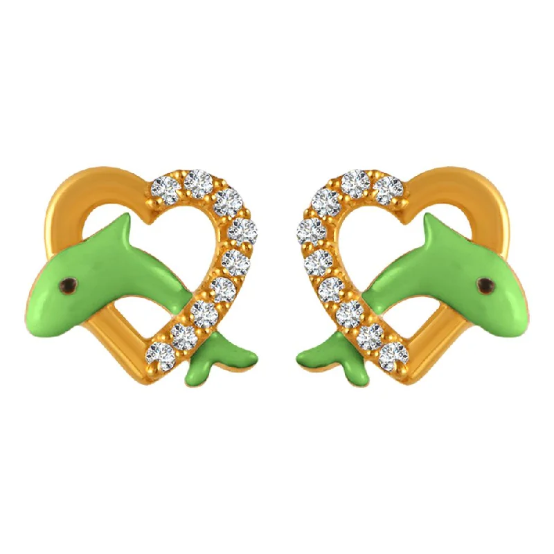 Drop Earrings for Concert Look -22k Gold Earrings With Green Dolphin Motifs In Stone-studded Hearts