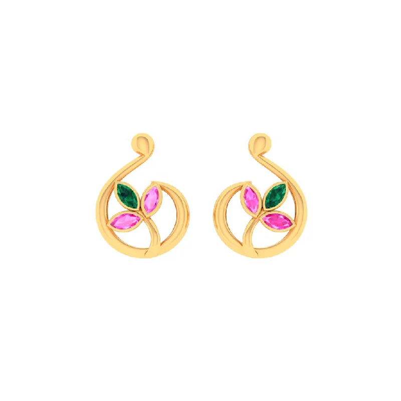 Drop Earrings with Hammered Finish -14k Exquisite Leafy Gold Stud Earrings With Multi-coloured Stones