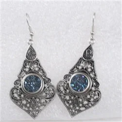 Heart Shaped Drop Earrings for Love -Blue Crystal & Antique Silver Tear Drop Earrings