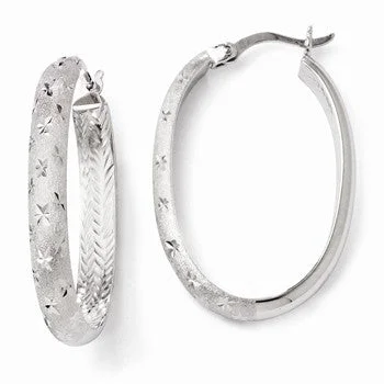 Drop Earrings with Floral Motifs -Sterling Silver Rhodium In/Out Diamond-cut Oval Earrings