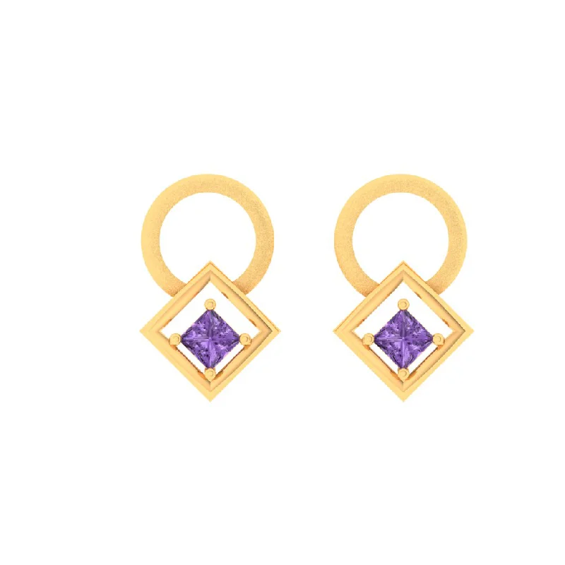 Drop Earrings for Office Wear -14k Gold Earrings With A Circle And Square Engraved With Violet Stone