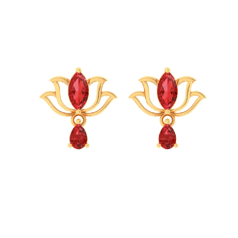 Drop Earrings for Wellness Routine -14k Lotus Shaped Gold Earrings With Red Stones