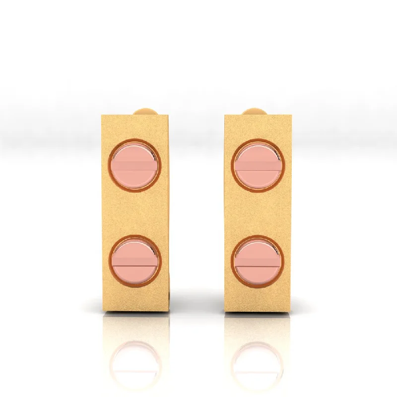 Vintage Drop Earrings with Patina -14k Rectangular Shaped Gold Earrings With Two Yellow Gold Dot