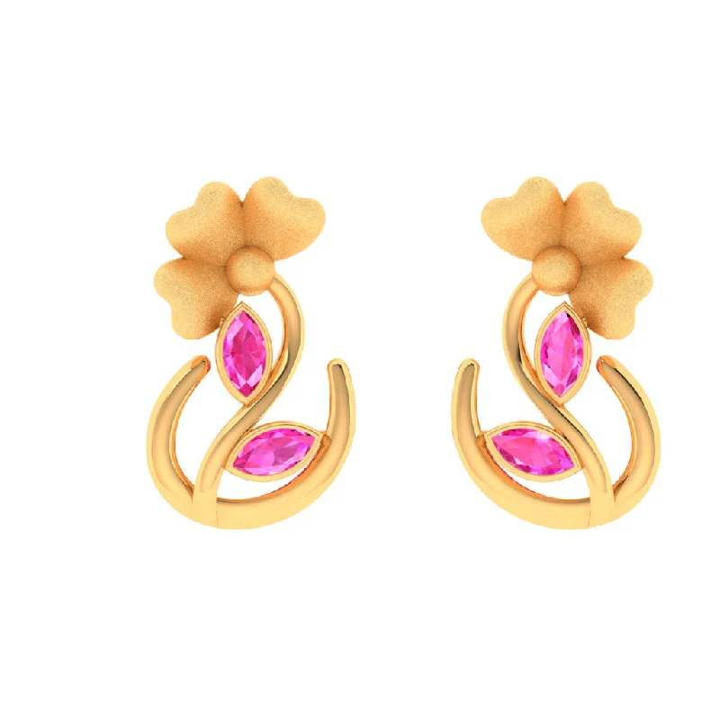 Drop Earrings for Mother's Day -14k Floral Gold Stud Earrings With Pink Leafy Stones