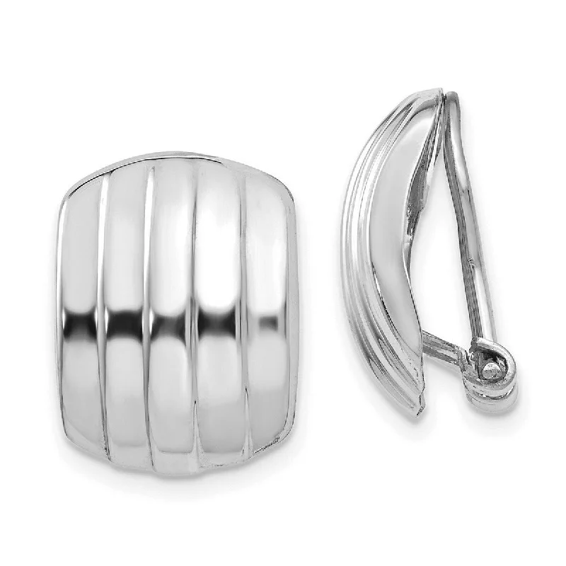 Heavy Duty Drop Earrings for Durability -Curata 14k White Gold Polished Ribbed Non Pierced Omega Back Earrings - 17x12mm