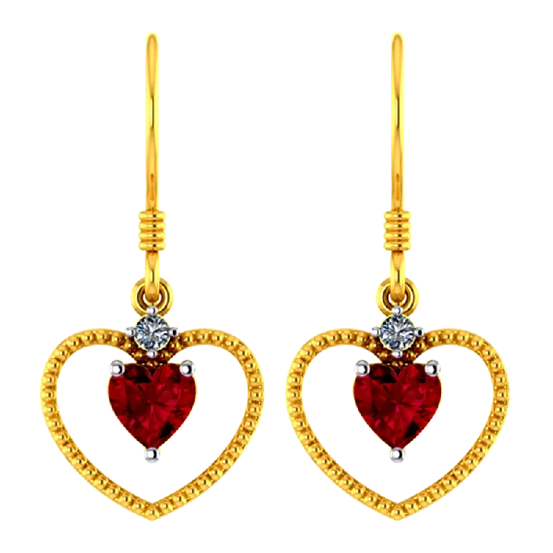 Drop Earrings with Matte Finish -22k Heart Shaped Gold Earrings With A Red Stone