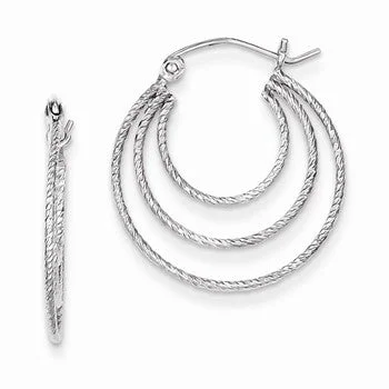 Push Back Drop Earrings for Convenience -Sterling Silver Rhodium Plated Textured Fancy Circle Hoop Earrings