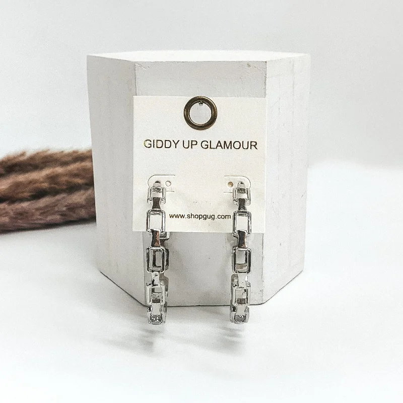 Drop Earrings for Wedding Ceremony -Box Chained Large Hoops in Silver Tone