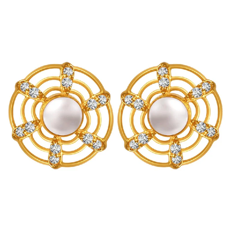 Drop Earrings for Travel Look -22k Gold Earrings With A Pearl In The Center Of Curved Concentric Circles And Stone Detailing