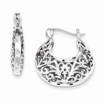 Drop Earrings with Crown Designs -Sterling Silver Polished Filigree Hoops