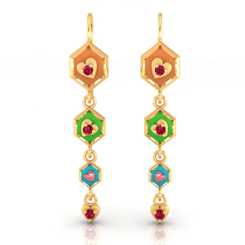 Drop Earrings for Mother's Day -14k Gold Earrings With Hexagonal Shapes And A Heart Drop