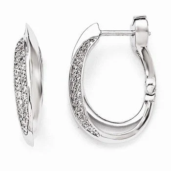 Adjustable Drop Earrings for Custom Fit -Sterling Silver Rhodium Plated Polished CZ Hinged Oval Double Hoop Dangle E