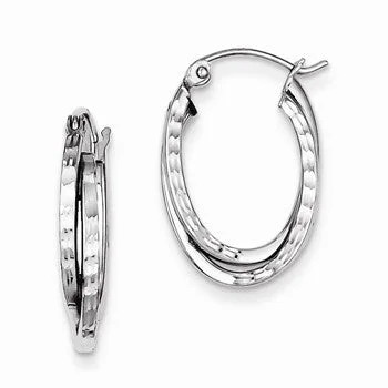 Screw Back Drop Earrings for Security -Sterling Silver Rhodium Plated Textured Double Oval Hoop Earrings