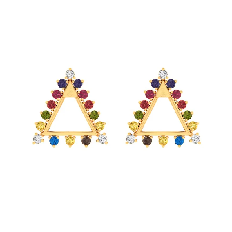 Drop Earrings for Birthday Celebration -14k Triangular Gold Earrings With Beautiful Multi-coloured Stones