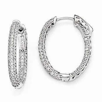 Drop Earrings for Fitness Activities -Sterling Silver Pave Rhodium-plated CZ Hinged Oval Hoop Earrings