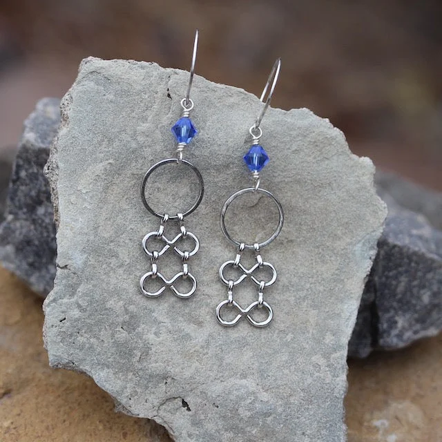 Floral Drop Earrings with Petals -Statement chain earrings with sapphire blue Swarovski crystals