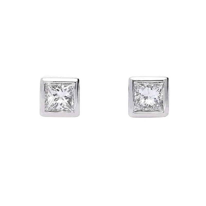 Magnetic Closure Drop Earrings for Easy -18ct white gold princess cut 0.40ct diamond earrings with rubover setting