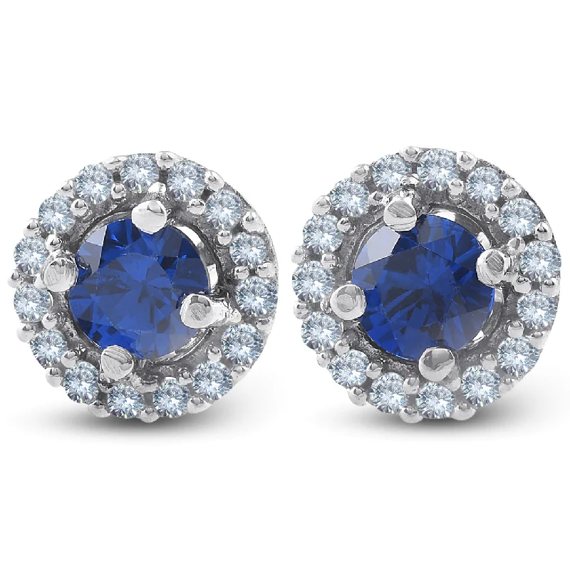 Hoop earrings with textured gold for a refined and sophisticated aesthetic-1/4 Ct Halo Diamond & Blue Sapphire Studs 10K White Gold