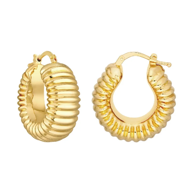 Drop Earrings with Knot Designs -14K Yellow Gold Puff Ribbed Hoop Earrings