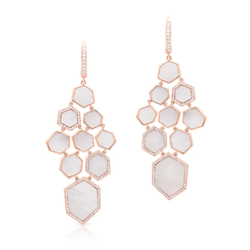 Hoop earrings with textured gold for a refined and sophisticated aesthetic-14KT Rose Gold White Mother of Pearl Diamond Chandelier Earrings