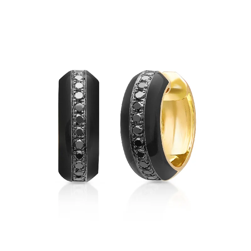 Hoop earrings with oversized pearl accents for a statement-making look-14KT Yellow Gold Black Diamond Black Enamel Huggie Earrings